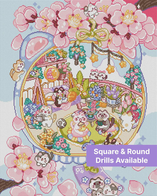 Kawaii cats in a pastel cherry blossom garden with flowers and cozy decor