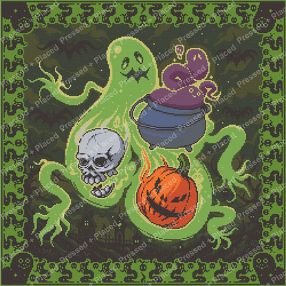 Pixel-style ghost stirring a cauldron with skull, pumpkin, and Halloween border