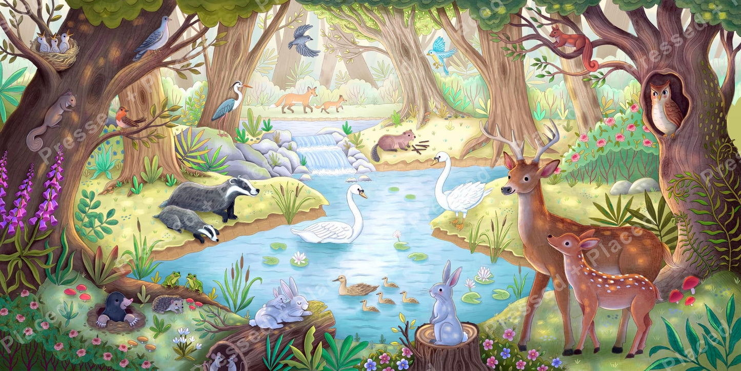 Whimsical woodland pond with deer, swans, owls, and forest animals in soft watercolor style