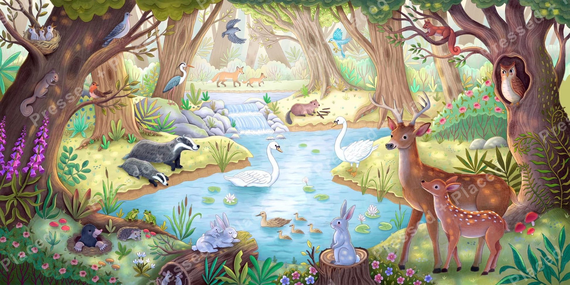 Whimsical woodland pond with deer, swans, owls, and forest animals in soft watercolor style