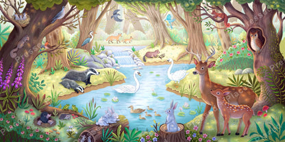 Whimsical woodland pond with deer, swans, owls, and forest animals in soft watercolor style