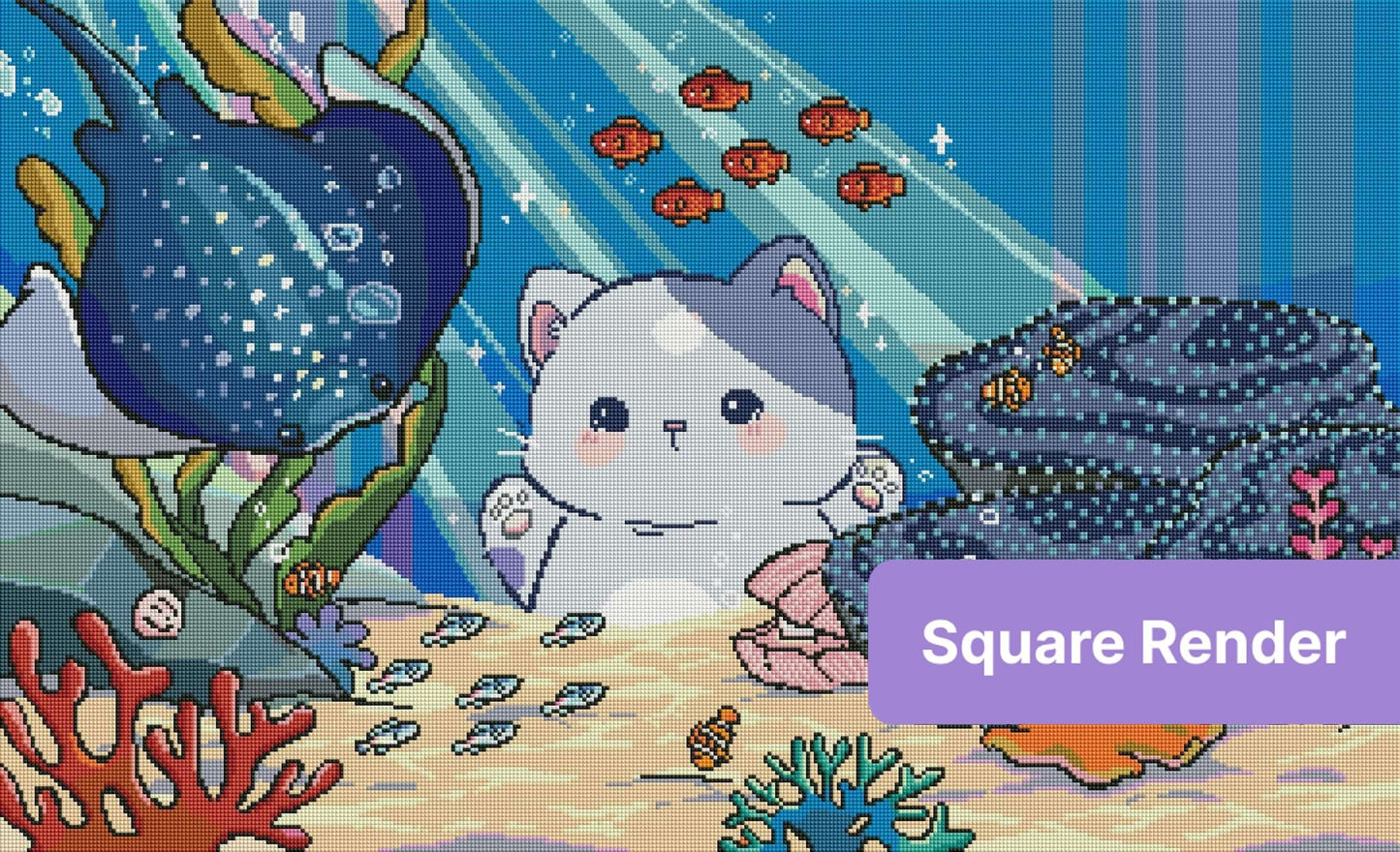 Cute cartoon underwater scene with cat, fish, coral, and sea creatures in bright colors