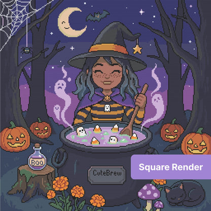 Cute witch in a Halloween scene with pumpkins, ghosts, bats, and a glowing cauldron