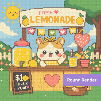 Cute kawaii lemonade stand diamond painting with animal vendor and sunny garden scene
