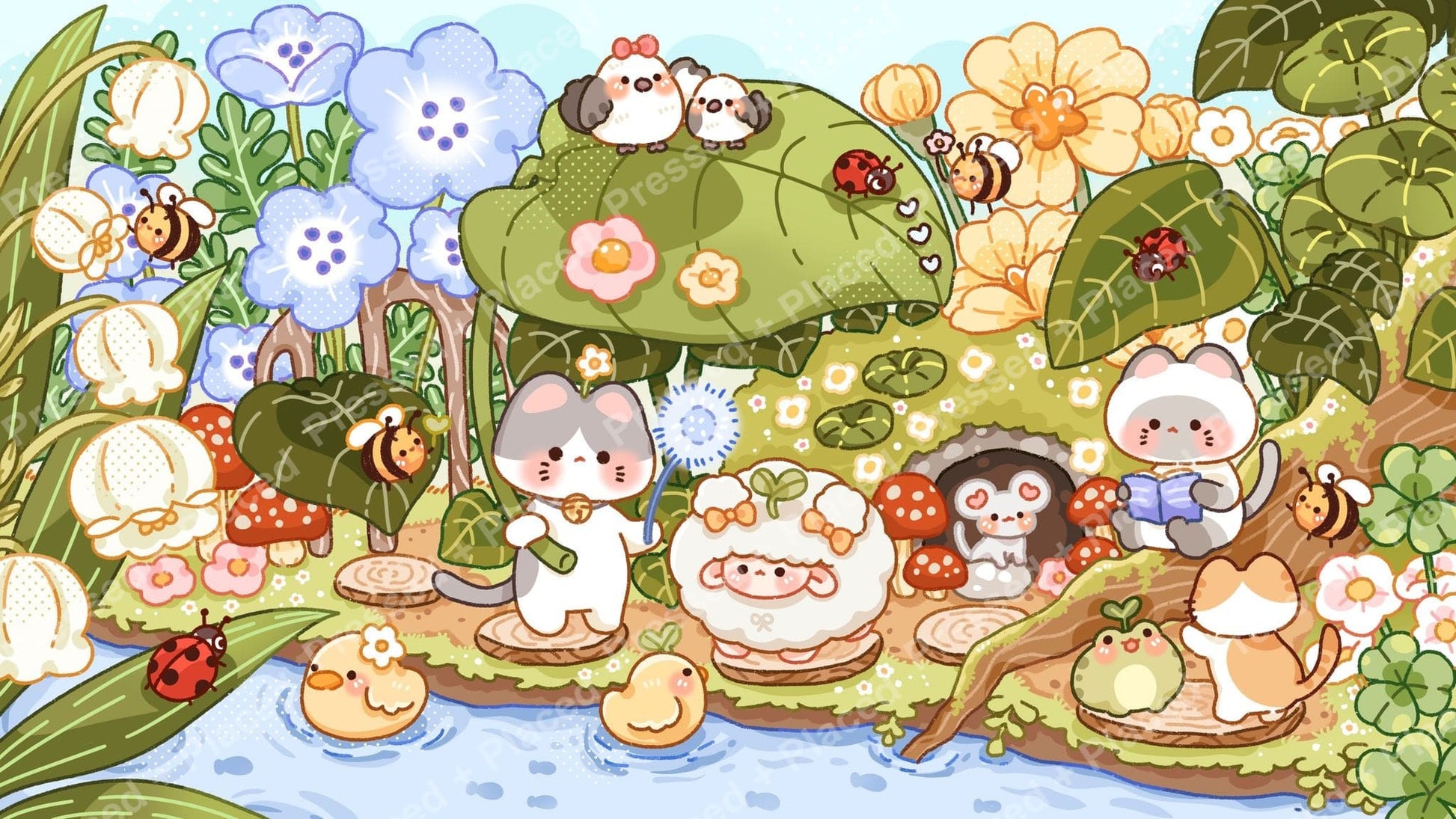 Cute pastel animal garden scene with flowers, bees, and whimsical woodland characters