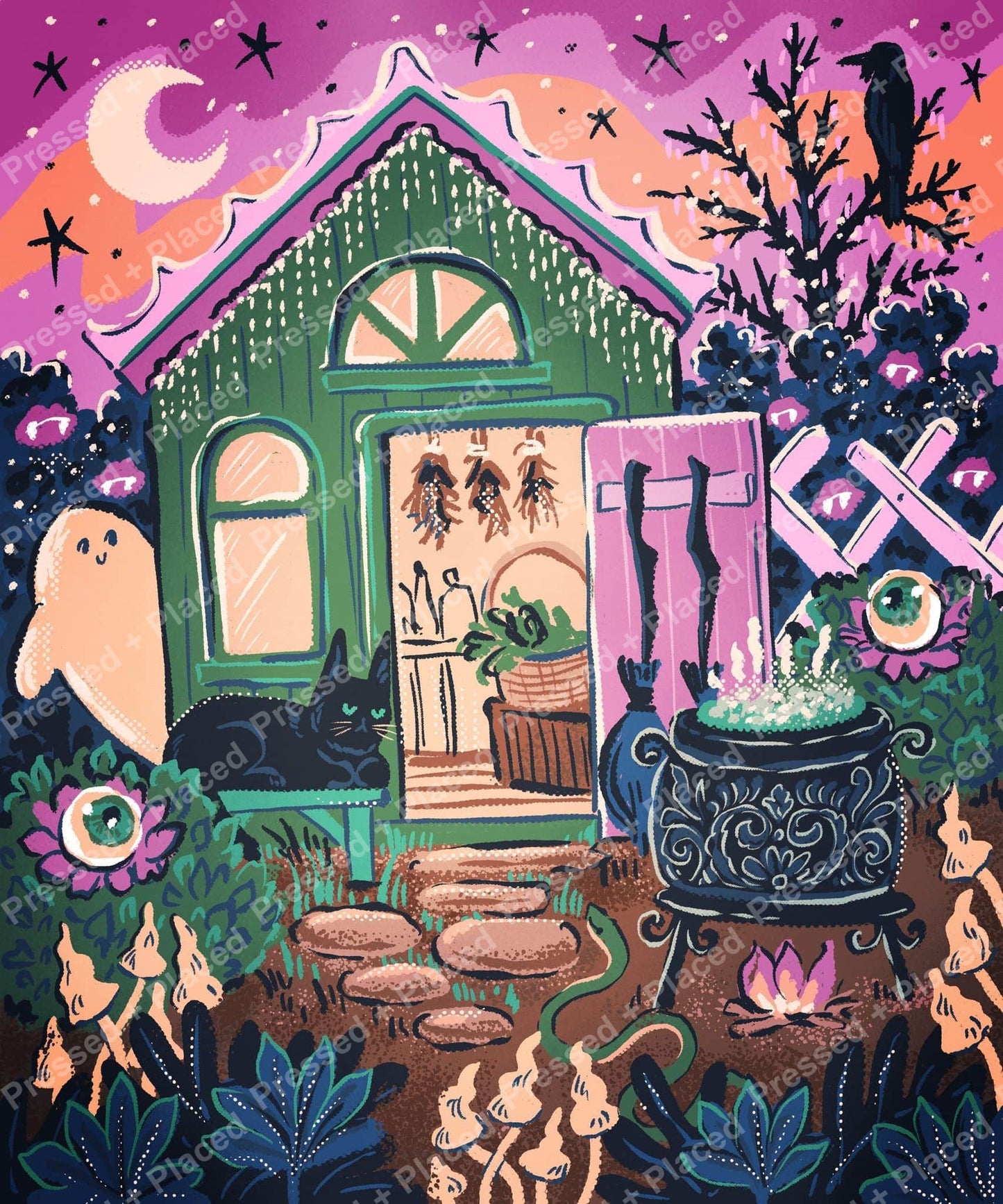 Whimsical cottage garden with moon, flowers, and dark fantasy-style decorative details
