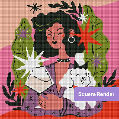 Stylized woman with curly hair holding a fluffy dog, surrounded by bold leaves and starbursts
