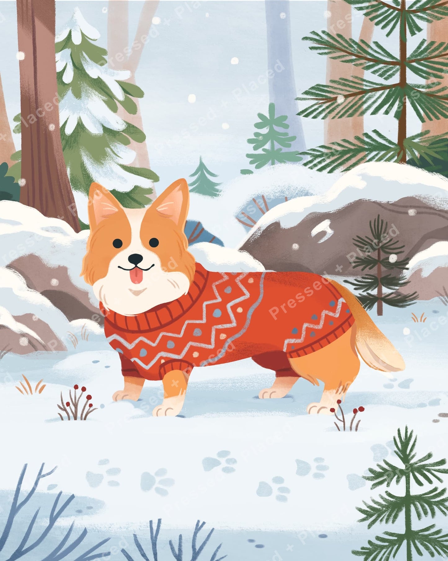 Cute corgi in a red sweater standing in a snowy pine forest, whimsical winter illustration
