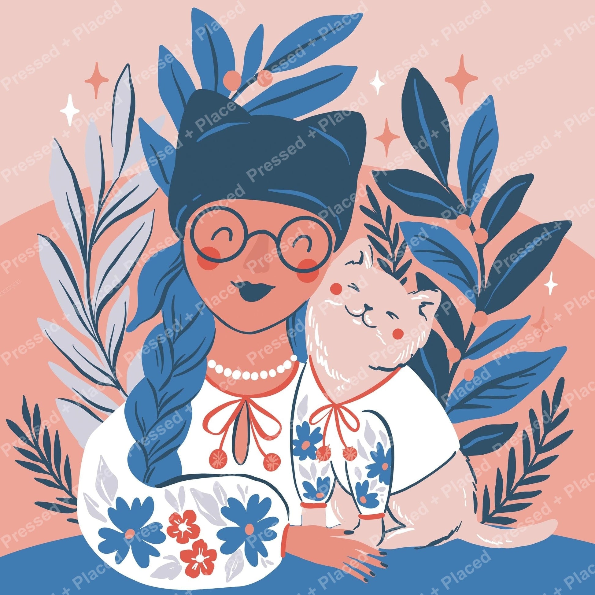 Illustrated girl with cat, blue leaves, and floral accents in a whimsical pastel style