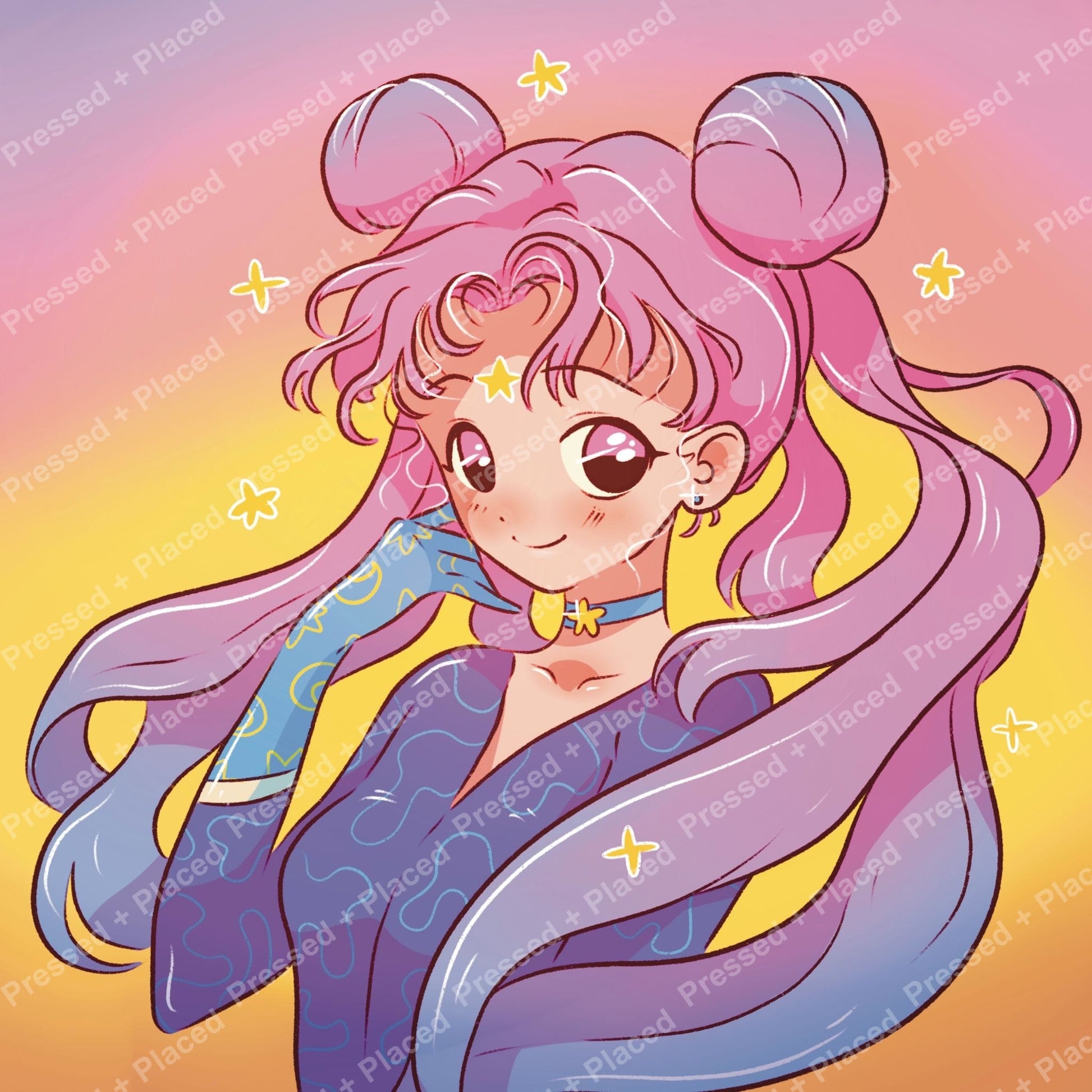 Cute anime girl with pink-purple hair, pastel colors, and star accents in kawaii style