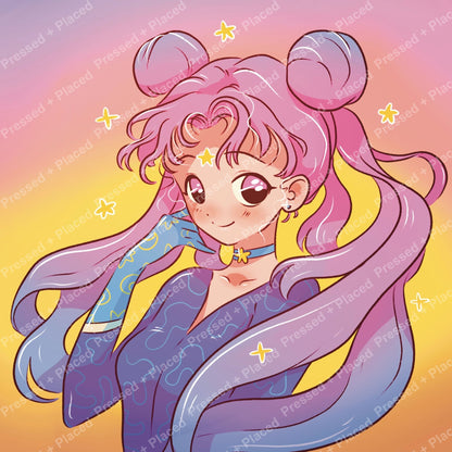 Cute anime girl with pink-purple hair, pastel colors, and star accents in kawaii style