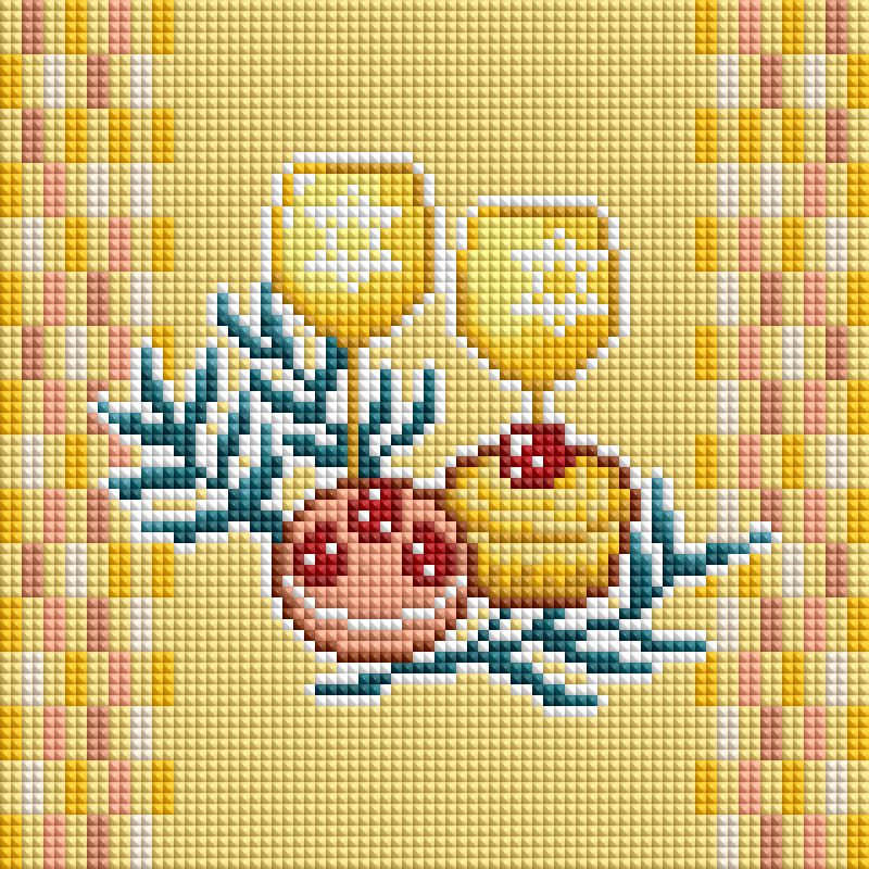 Four whimsical diamond painting designs with candles, treats, a blue hand, and a small character in a hat