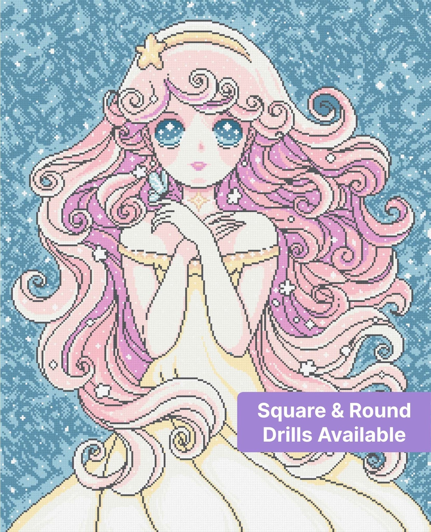 Anime-style pink-haired princess with starry blue background and pastel fantasy details