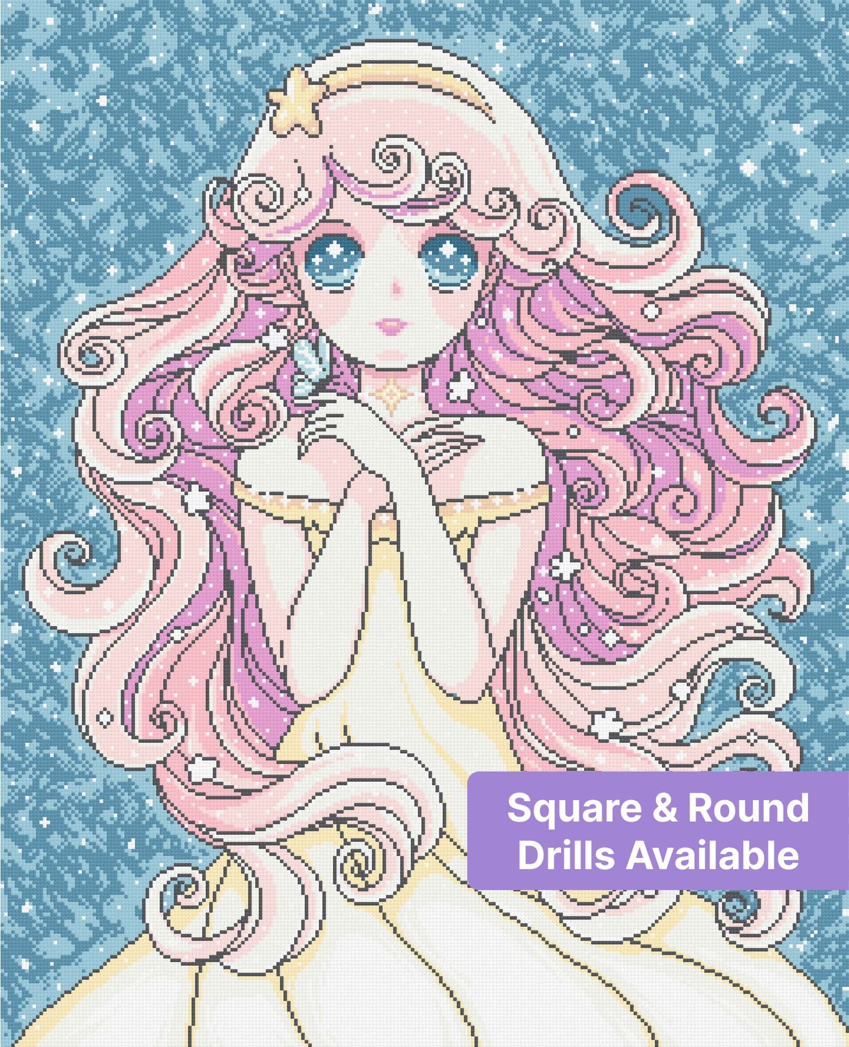 Anime-style pink-haired princess with starry blue background and pastel fantasy details