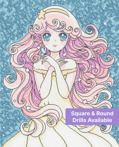 Anime-style pink-haired princess with starry blue background and pastel fantasy details