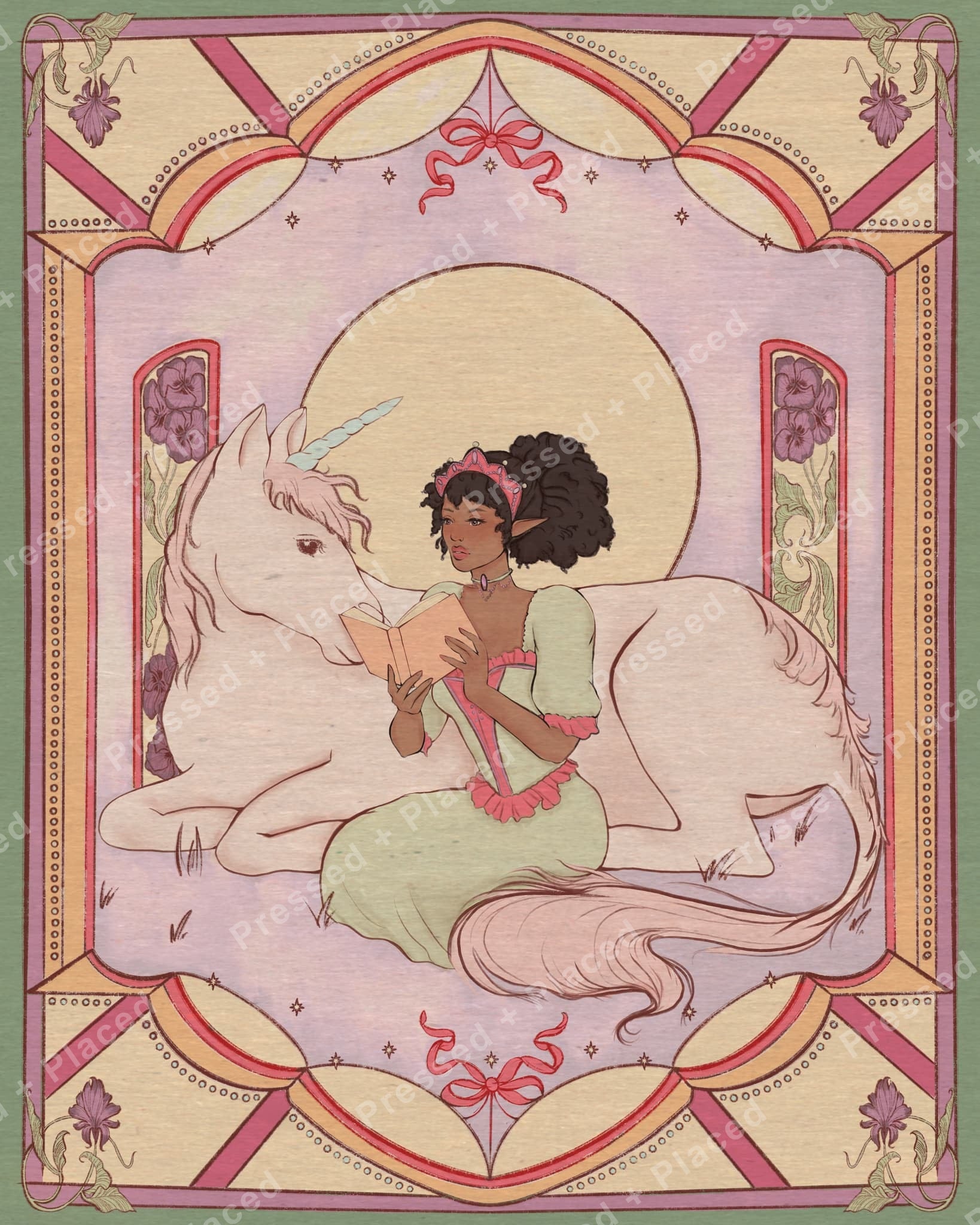 Fairy girl reading beside a white unicorn in a pastel ornate fantasy frame
