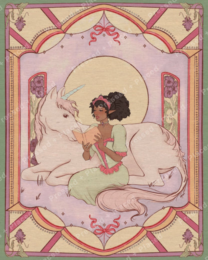 Fairy girl reading beside a white unicorn in a pastel ornate fantasy frame