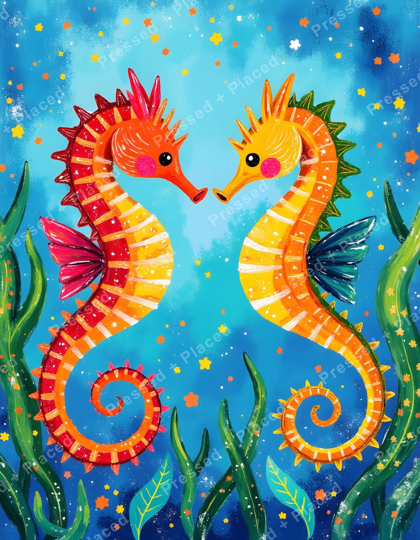 Two colorful seahorses in a whimsical underwater scene with bright coral and sea plants
