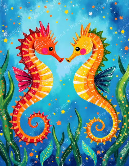 Two colorful seahorses in a whimsical underwater scene with bright coral and sea plants
