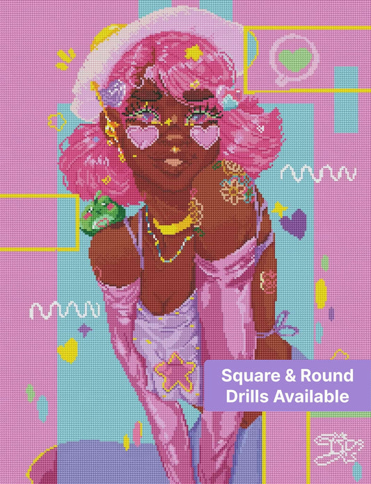 Stylized girl portrait with pink hair, heart sunglasses, and colorful pop art accents