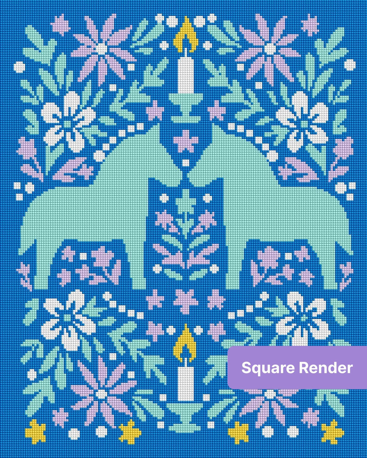 Mirrored horse floral folk art with candles on a blue background