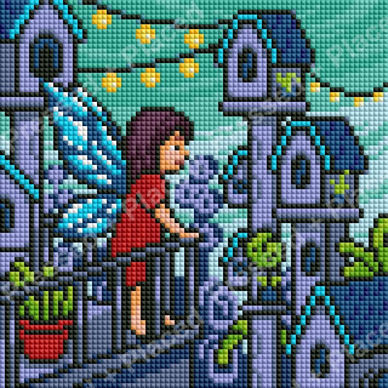 Girl on balcony with birdhouses and colorful fantasy cityscape in diamond art style