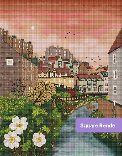 Illustrated village landscape with river, pink sunrise sky, flowers, and charming rooftops