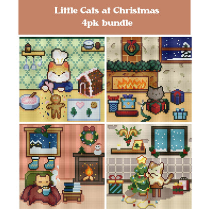 Four festive cat scenes with holiday decor in a cozy diamond art style