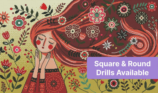 Whimsical girl with flowing red hair surrounded by colorful folk art flowers