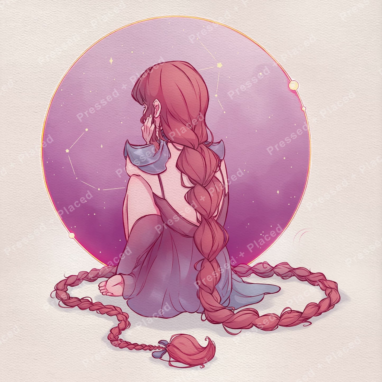 Anime-style girl with long pink braids seated before a glowing celestial circle