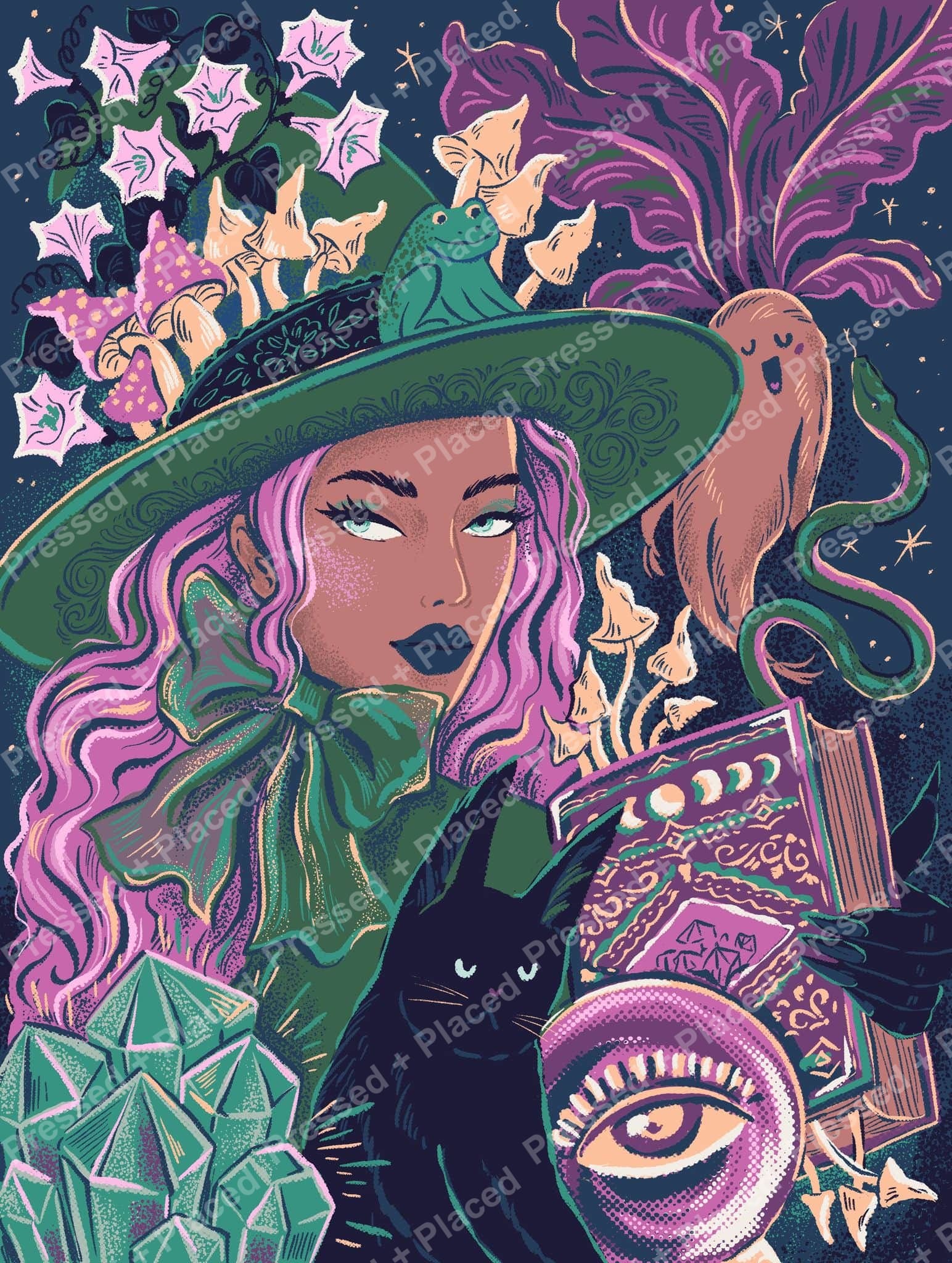 Fantasy witch with pink hair, green hat, cat, mushrooms, crystals, and moon symbols