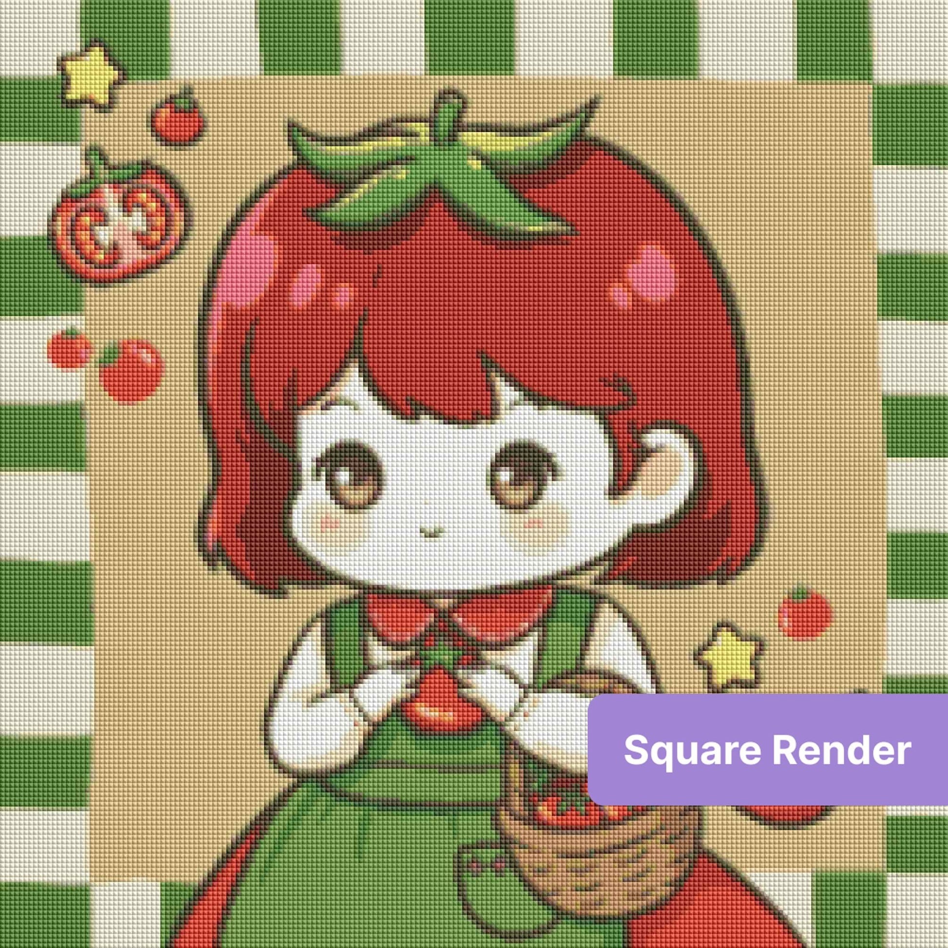 Cute kawaii tomato girl with basket, stars, and garden-inspired colors