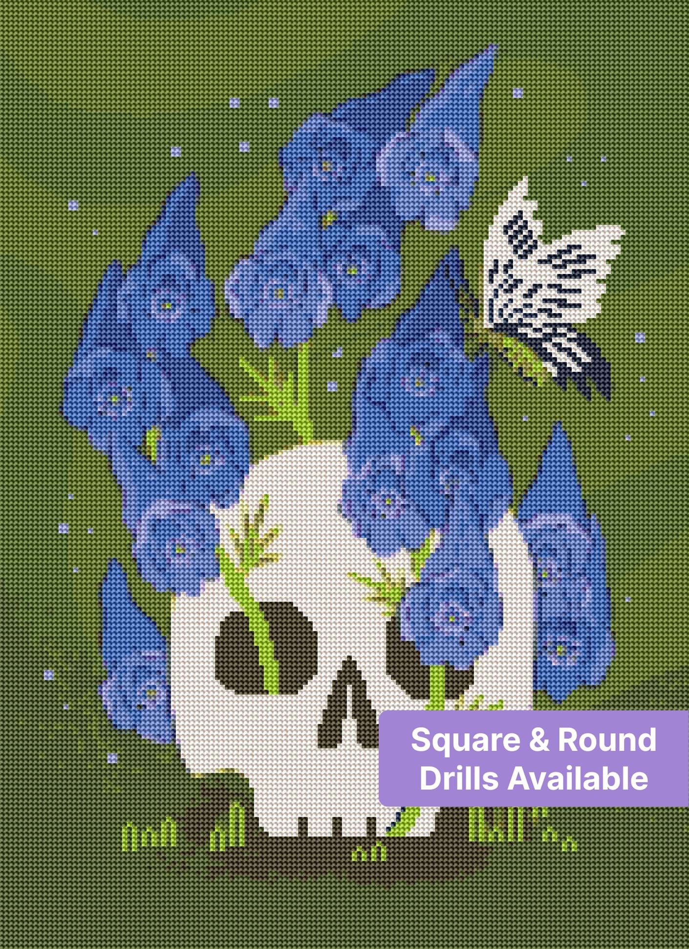 Stylized skull with purple flowers and butterfly in dark floral illustration