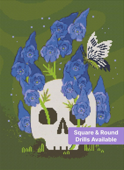 Stylized skull with purple flowers and butterfly in dark floral illustration