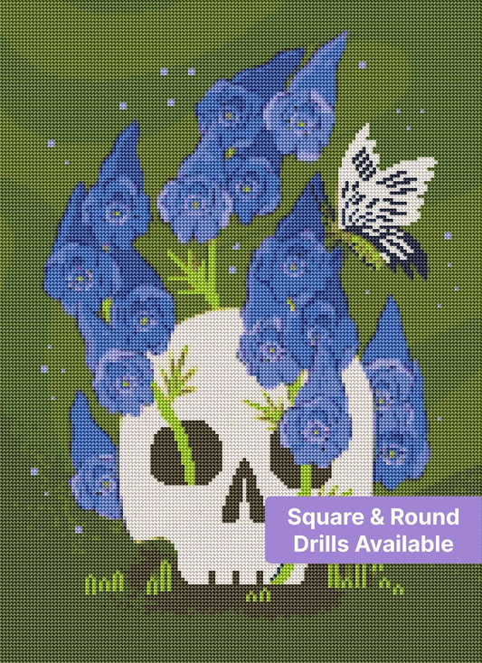 Stylized skull with purple flowers and butterfly in dark floral illustration
