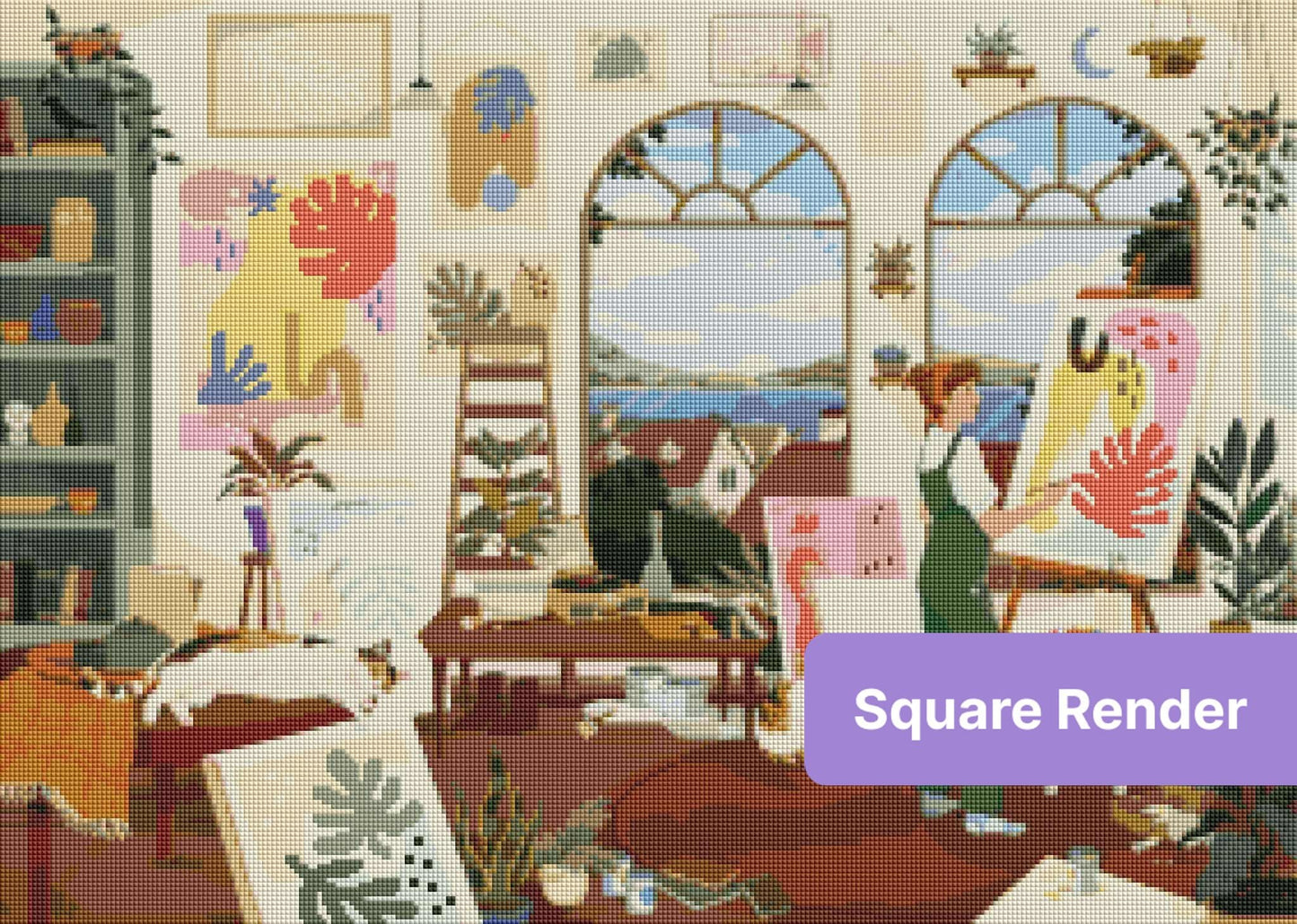 Cozy art studio scene with painter, plants, pets, and arched windows in soft colors