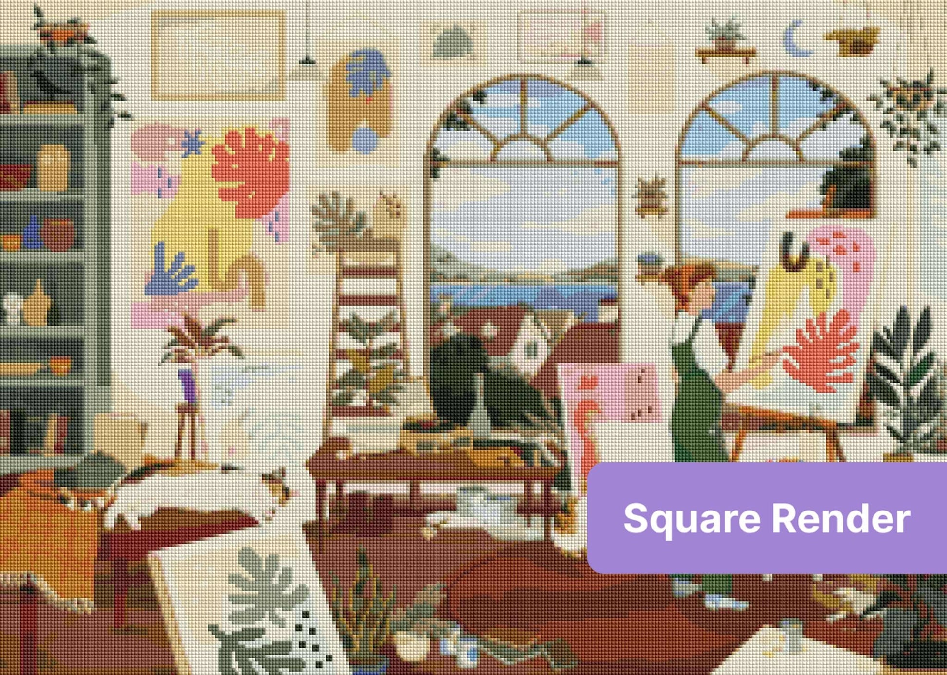 Cozy art studio scene with painter, plants, pets, and arched windows in soft colors