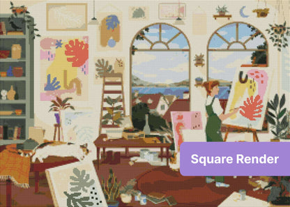 Cozy art studio scene with painter, plants, pets, and arched windows in soft colors