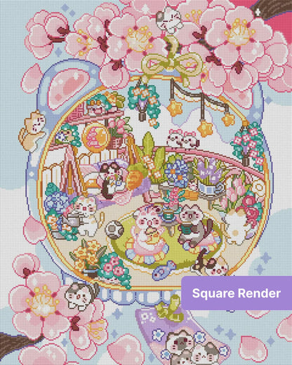 Kawaii cats in a pastel cherry blossom garden with flowers and cozy decor