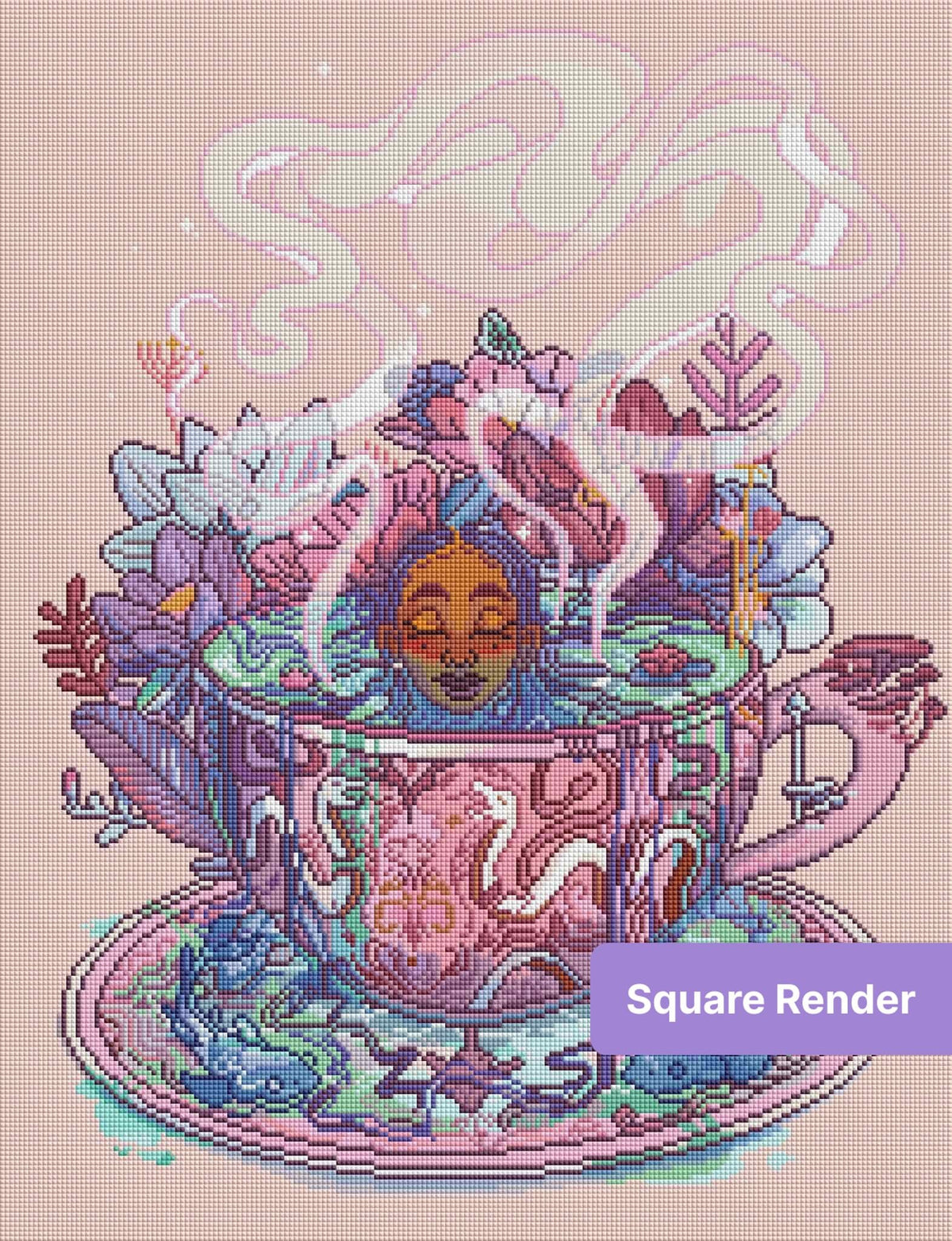 Pastel floral tea cup illustration with serene face, steaming swirl, and decorative pattern details