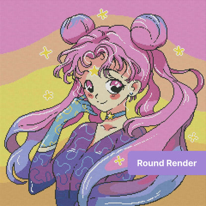 Cute anime girl with pink-purple hair, pastel colors, and star accents in kawaii style