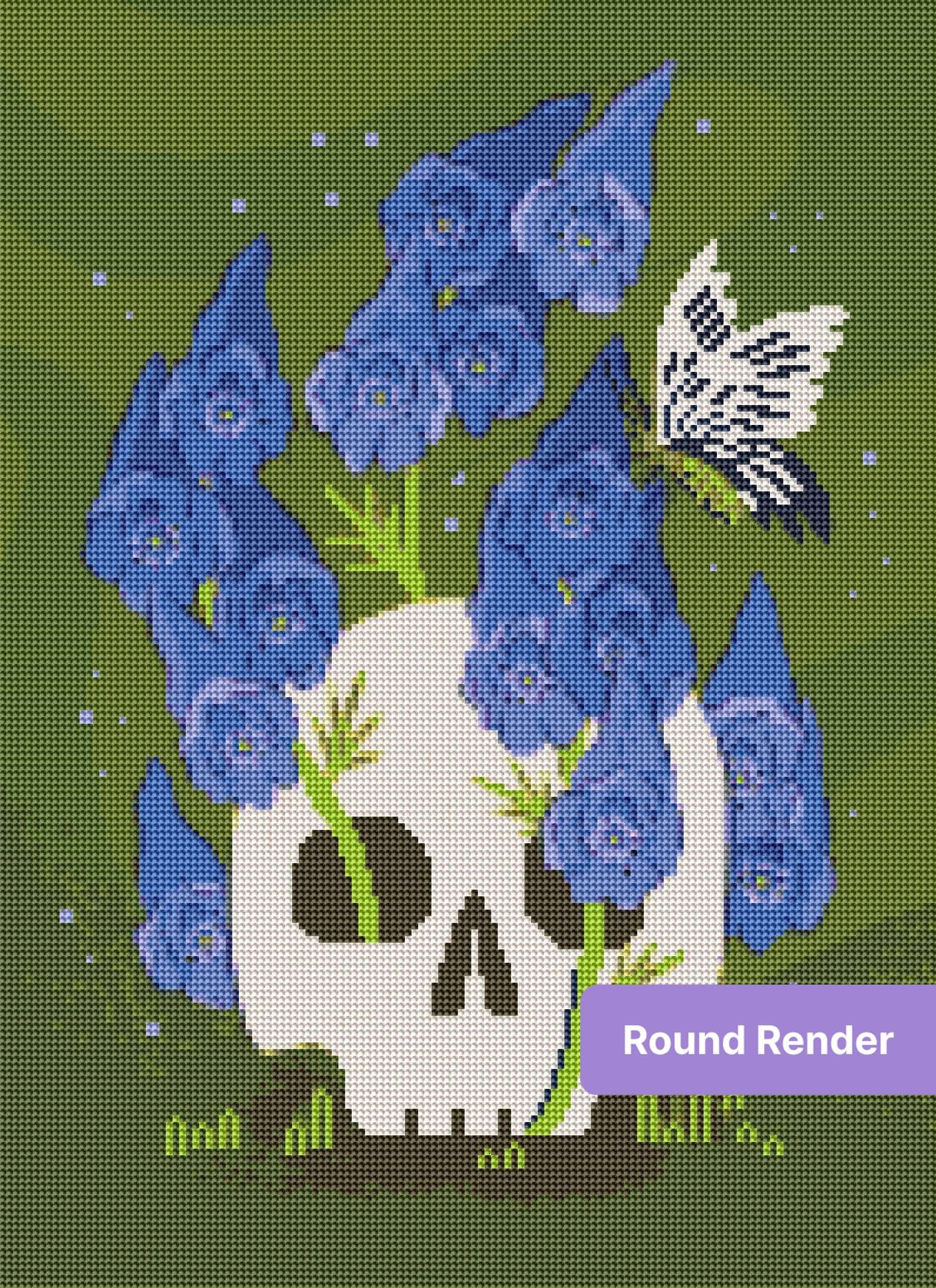 Stylized skull with purple flowers and butterfly in dark floral illustration