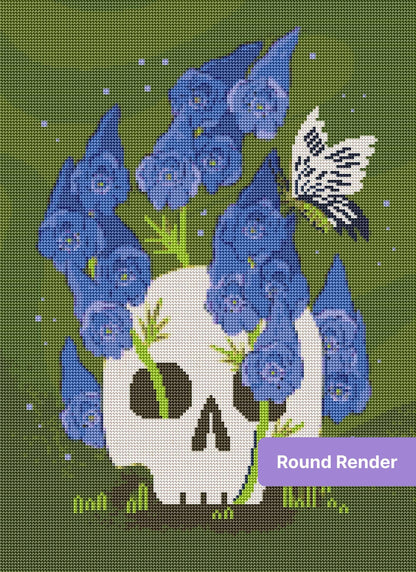 Stylized skull with purple flowers and butterfly in dark floral illustration