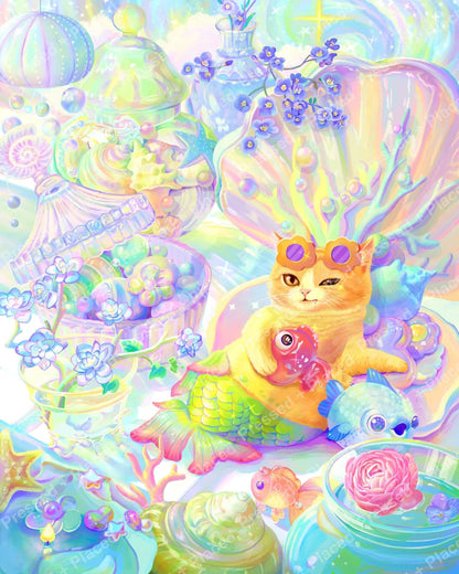 Pastel fantasy cat with rainbow fish tail, shells, flowers, and iridescent underwater details
