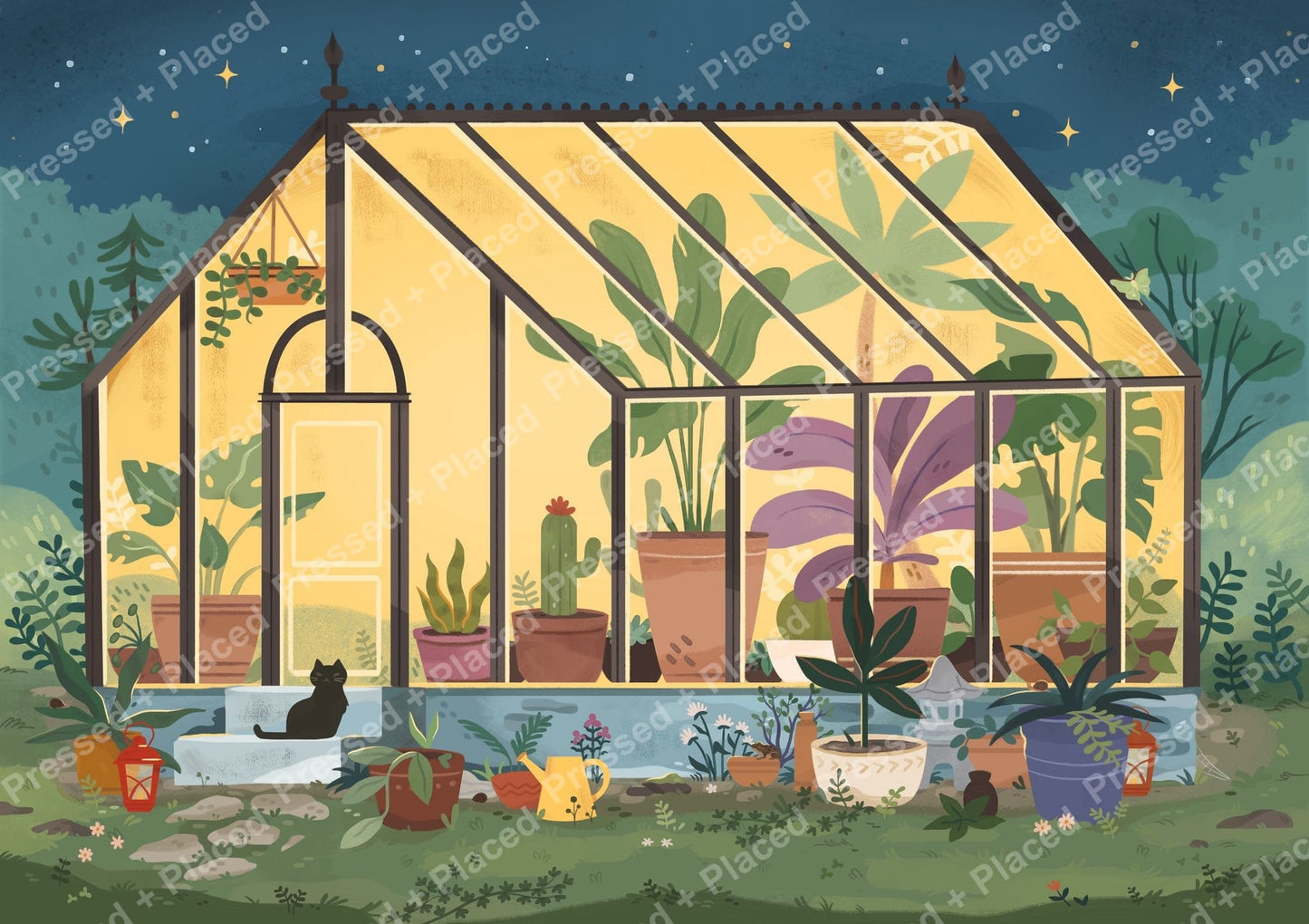 Illustrated greenhouse garden with potted plants, a black cat, and a warm nighttime glow