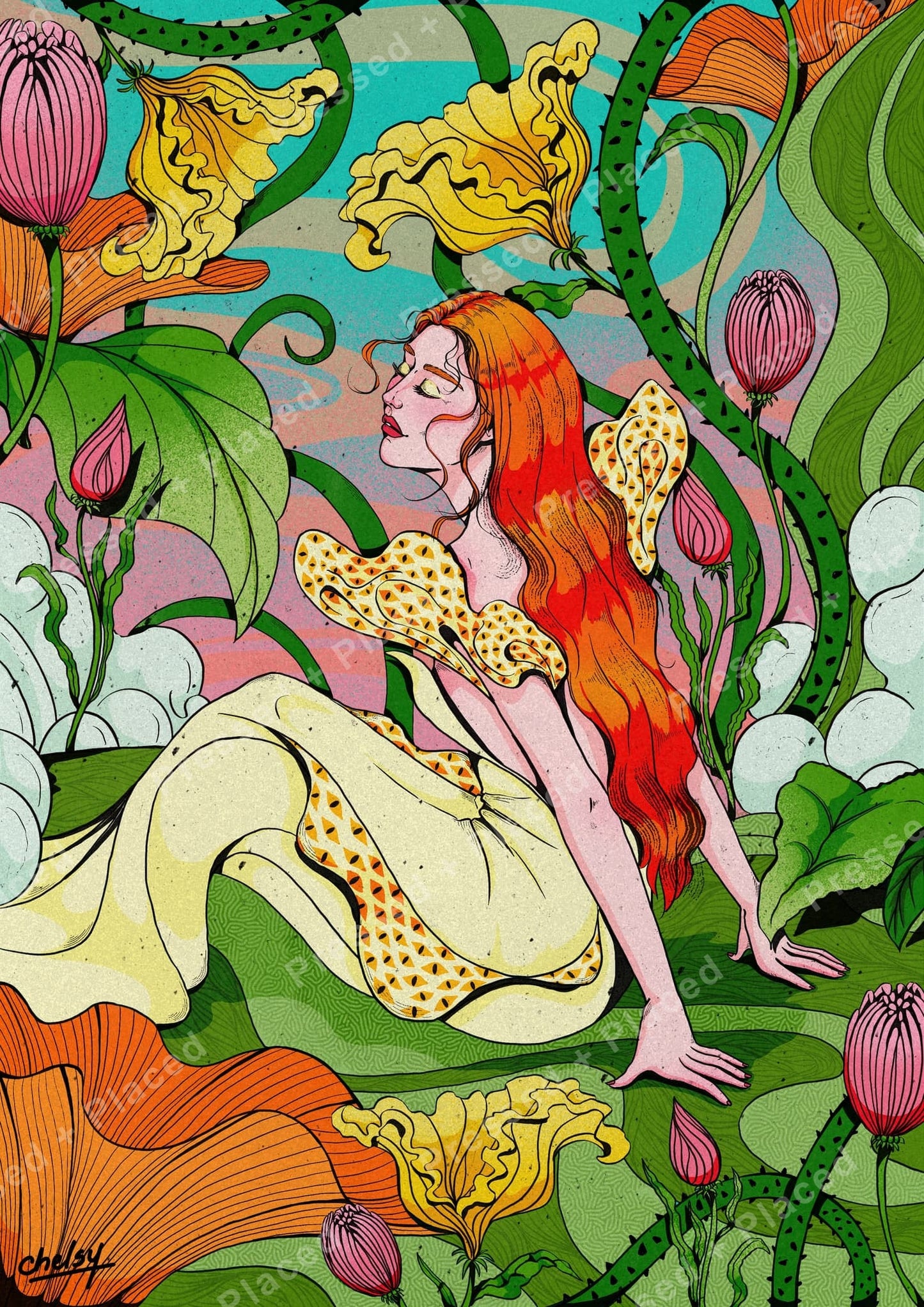 Fantasy red-haired girl among oversized flowers in a vibrant botanical art style