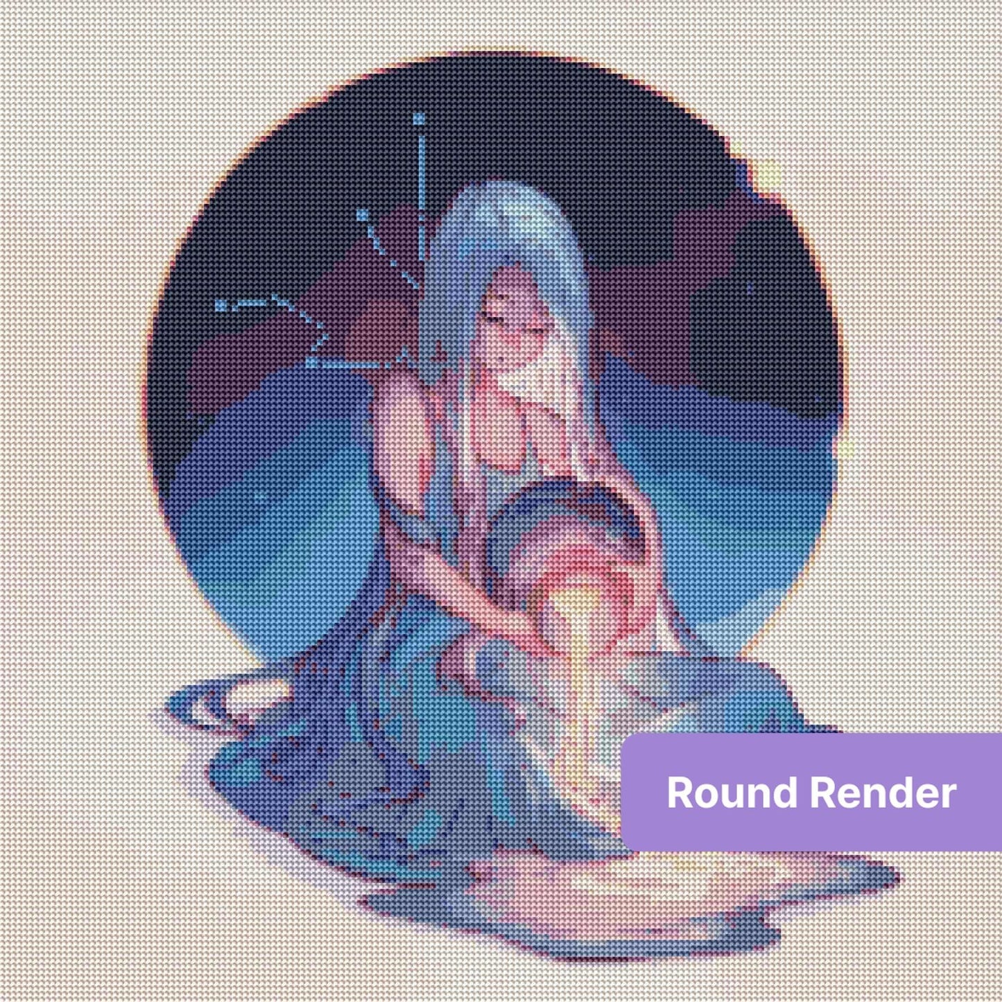 Fantasy girl with long blue hair pouring glowing light beneath a starry night sky