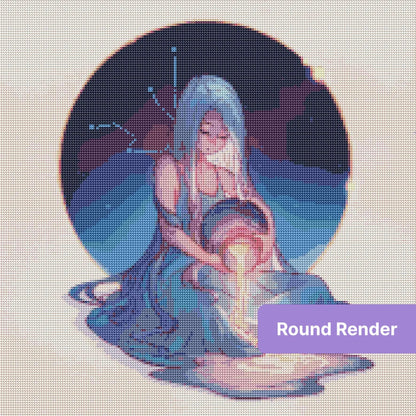 Fantasy girl with long blue hair pouring glowing light beneath a starry night sky