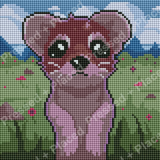 Cartoon-style puppy diamond painting kit with pink tones and green landscape background