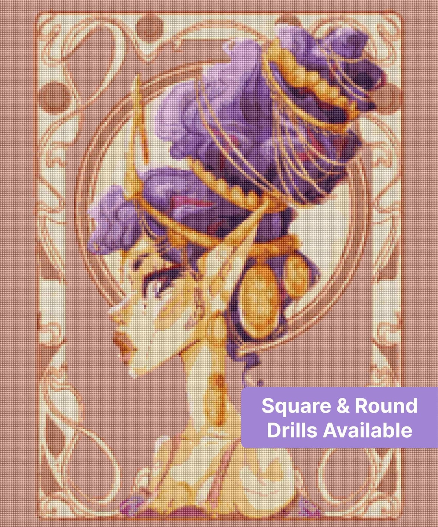 Fantasy woman with purple hair, gold jewelry, and ornate decorative framing